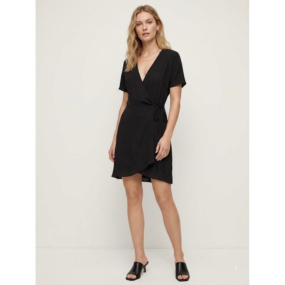 Babaton Murphy Wrap Dress Black Short Sleeve Mini V-Neck Size S 64477